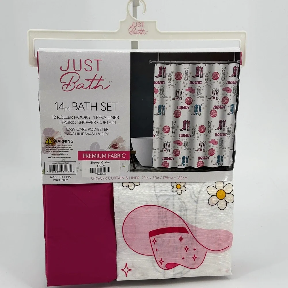 Just Bath Shower Curtain Set Pink Western Cowgirl Disco Howdy 14pc New Hat Boots